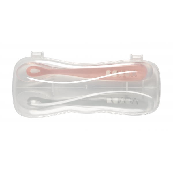 Lot de 2 cuillères 1er âge silicone avec boîte de transport Old pink