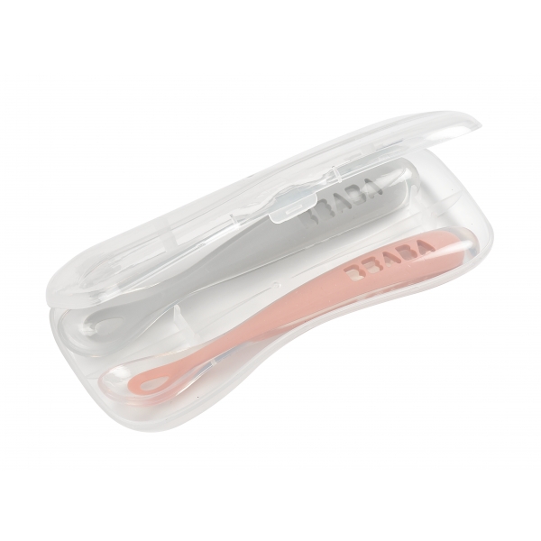 Lot de 2 cuillères 1er âge silicone avec boîte de transport Old pink