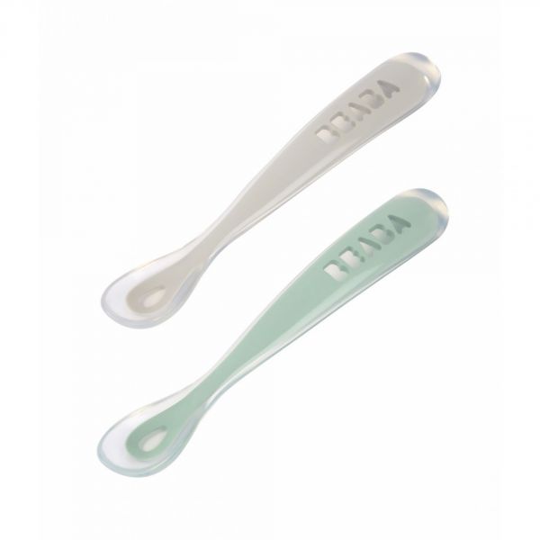 Lot de 2 cuillères 1er âge silicone avec boîte de transport Sage green