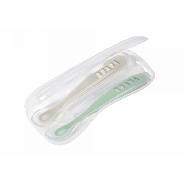 Lot de 2 cuillères 1er âge silicone avec boîte de transport Sage green