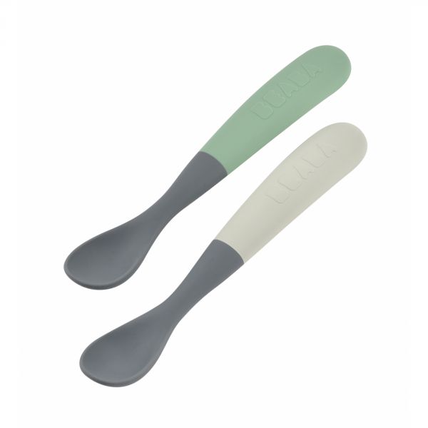 Lot de 2 cuillères 1er âge silicone minéral et vert sauge avec boîte de transaport