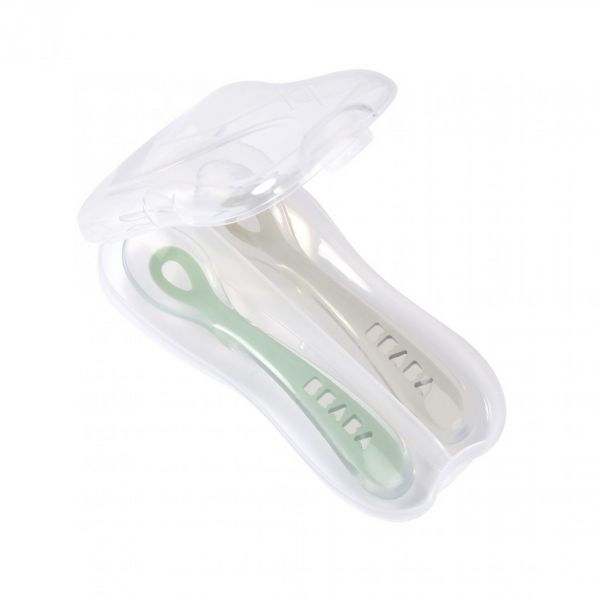 Lot de 2 cuillères 2ème âge silicone avec boîte de transport Sage green