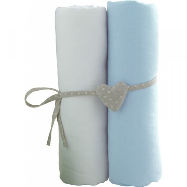 Lot de 2 draps housse 70x140 cm Blanc et bleu ciel