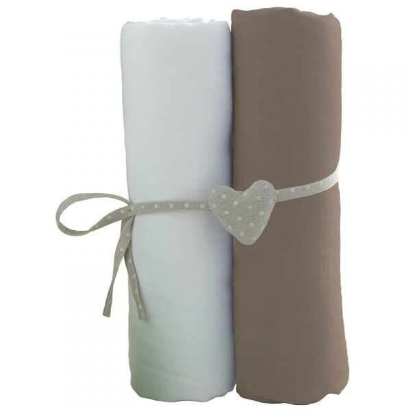 Lot de 2 draps housse 70x140 cm Blanc et taupe