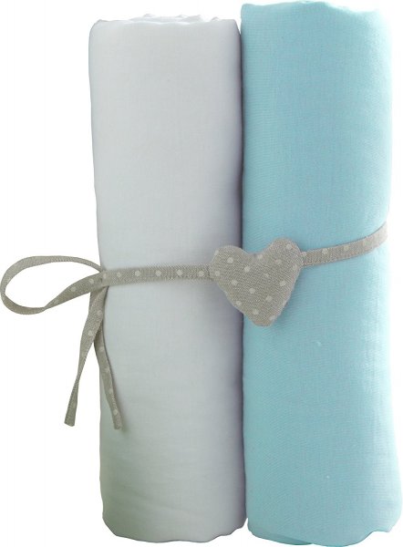 Lot de 2 draps housse 60x120 cm Blanc et turquoise