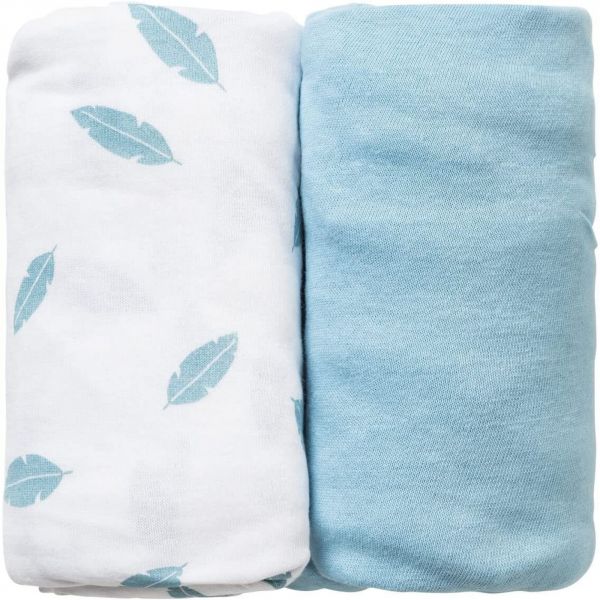 Lot de 2 draps housse 60x120 cm - Plumes bleues