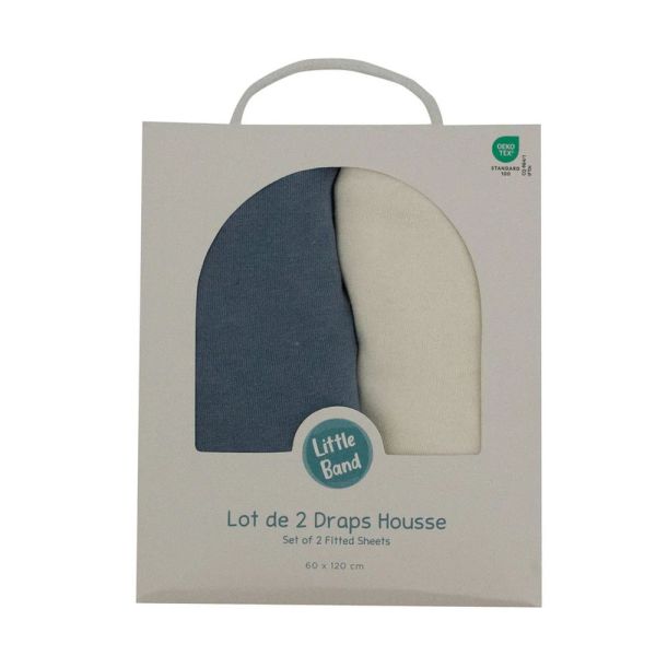 Lot de 2 Draps housse jersey bio 60 x 120 cm - Ecru / Bleu