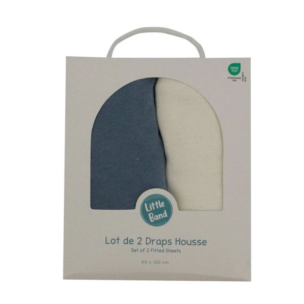 Lot de 2 Draps housse jersey bio 70 x 140 cm - Ecru / Bleu orage