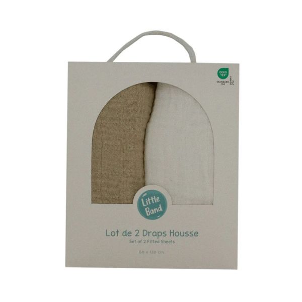 Lot de 2 Draps housse Double gaze 70 x 140 cm - Ecru / Taupe