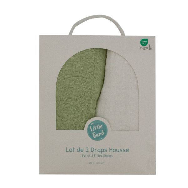 Lot de 2 Draps housse Double gaze 70 x 140 cm - Ecru / Vert mousse