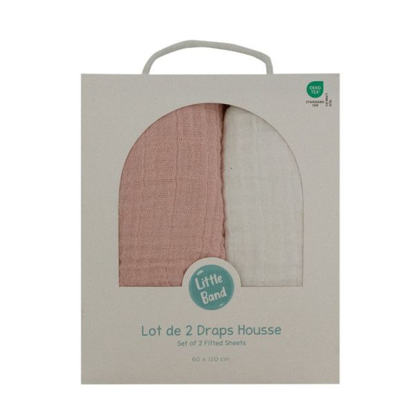 Lot de 2 Draps housse Double gaze 70 x 140 cm - Ecru / vieux rose
