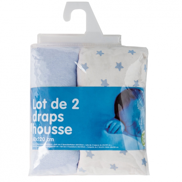 Lot de 2 draps housse 70x140 cm Bleu et étoiles bleu