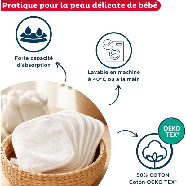 Lot de 6 lingettes en coton lavables et réutilisables