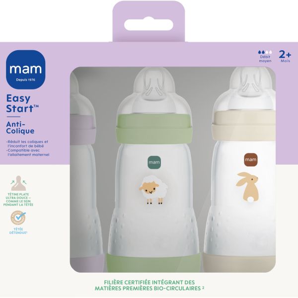 Lot de 3 biberons Anti-colique 260ml Easy Start Lilas, Nature et Sable