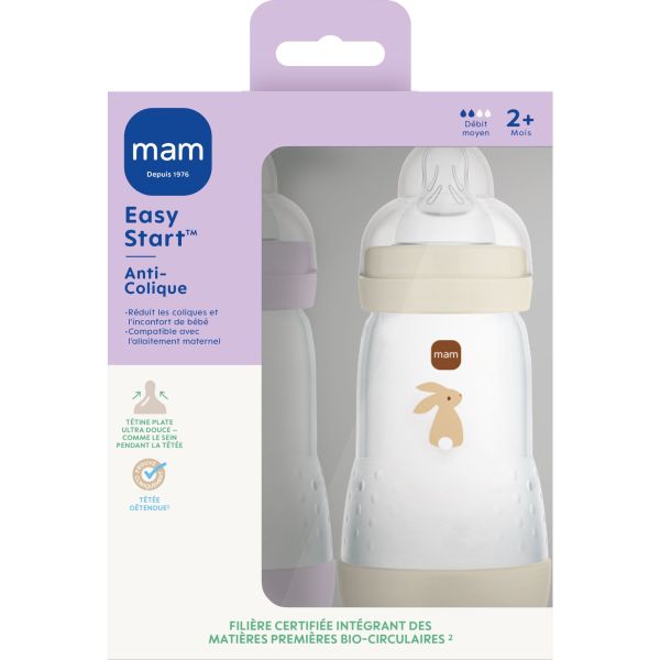 Lot de 2 biberons Anti-colique 260ml Easy Start Lilas et Sable