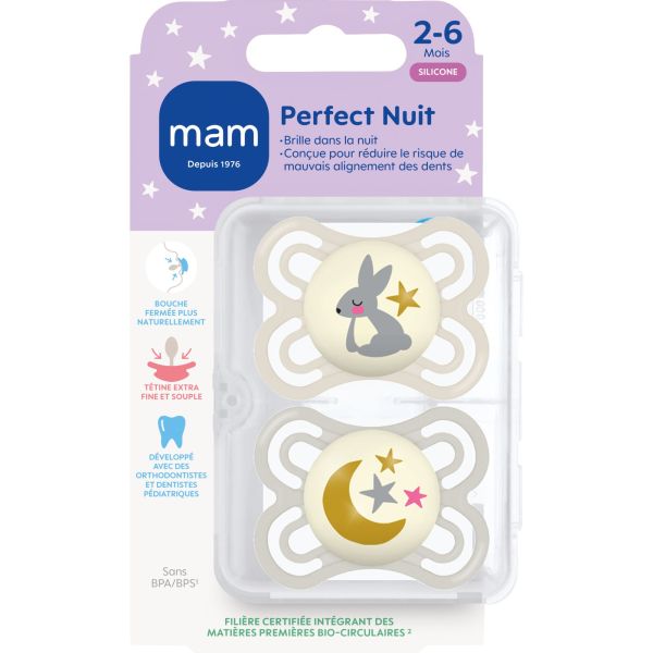 Lot de 2 sucettes nuit 2-6 mois Perfect Tendance coloris aléatoire