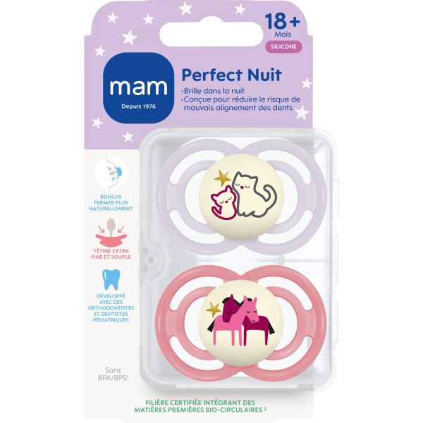 Lot de 2 sucettes nuit 18 mois+ Perfect Nuit animaux coloris aléatoire