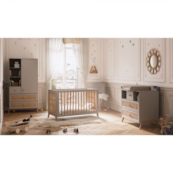 Lit bébé évolutif Marélia tressage rotin 60x120 cm neige