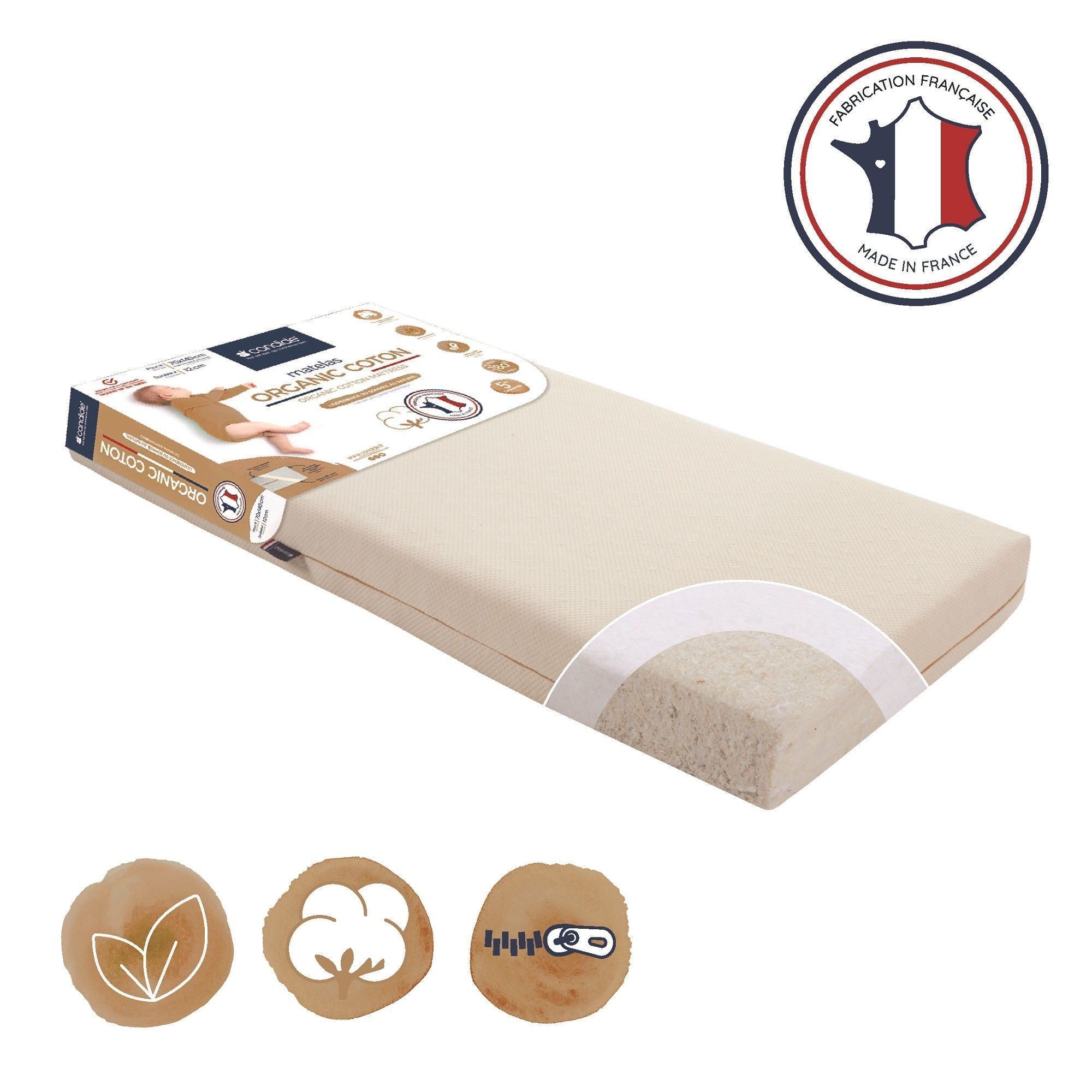 Matelas bébé 70x140 cm en Coton, made in France