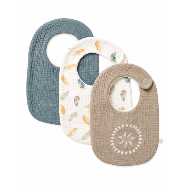 Lot de 3 bavoirs en mousseline et éponge Plumes de lune