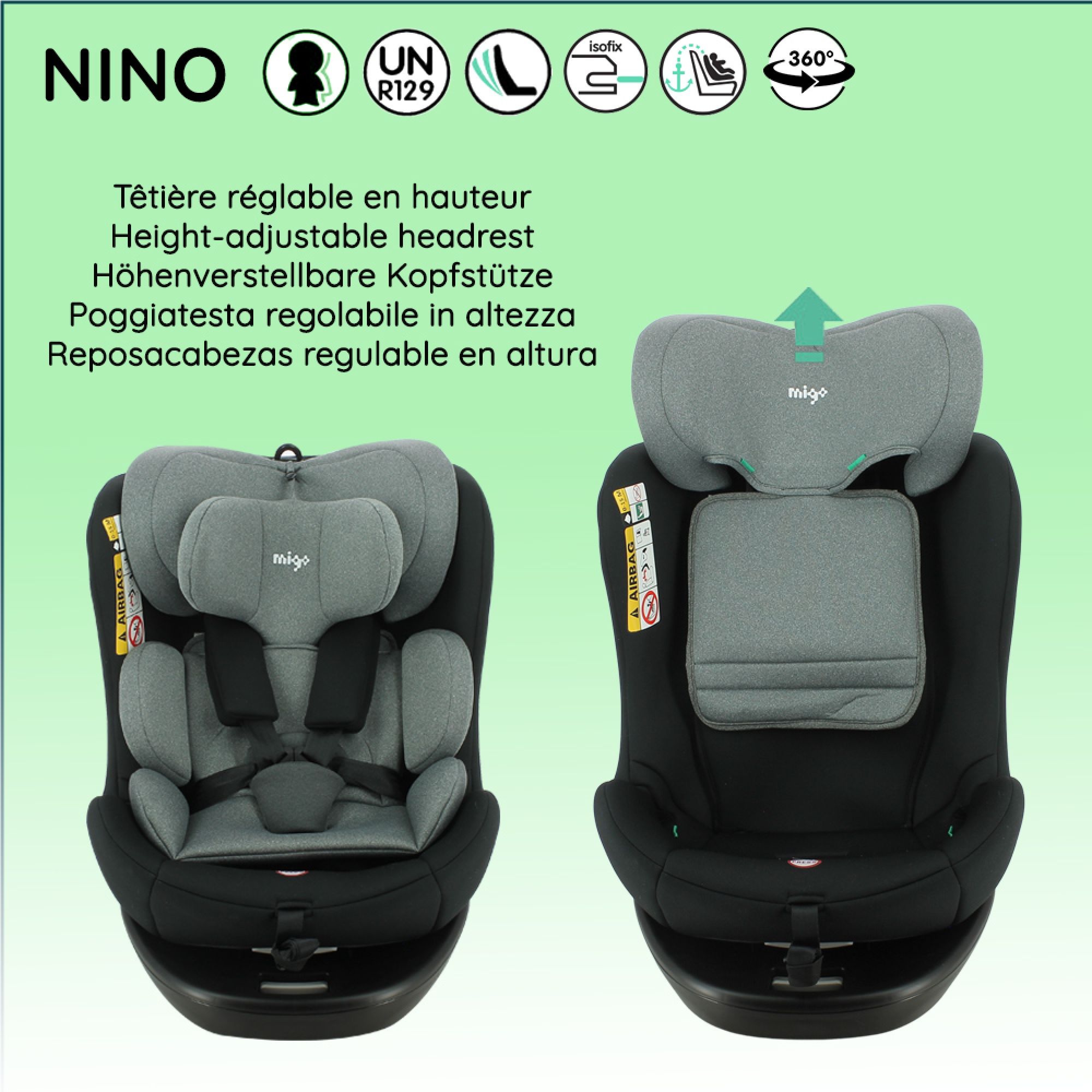 Siège auto pivotant NINO 360° isofix gris 40-150 cm i-Size - Made in Bébé