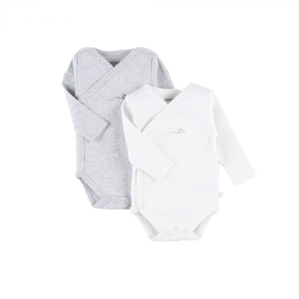 Set de 2 Body croisés manches longues blanc/gris 0 mois