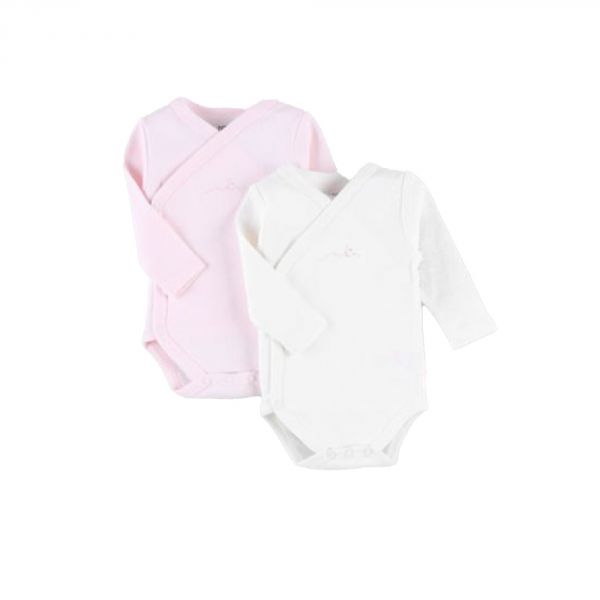 Set de 2 Body croisés manches longues blanc/rose 0 mois