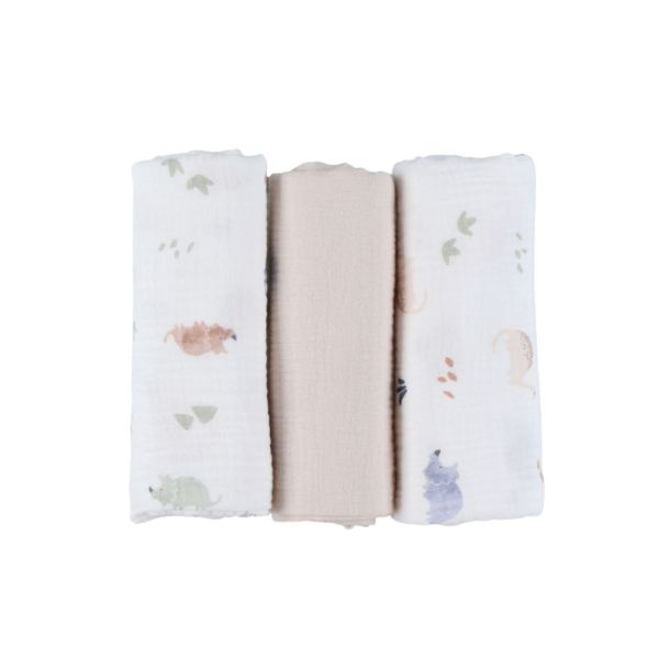 Lot de 3 langes 70x70cm, Mousseline de coton bio - Dino