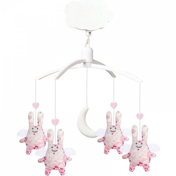 Mobile musical Anges lapins fleurs roses