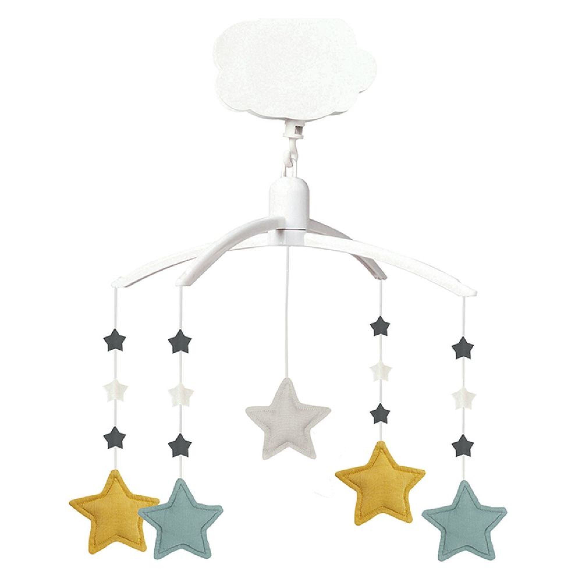 Trousselier Mobile Musical Etoiles Lin Celadon Beige Et Bleu Gris Made In Bebe