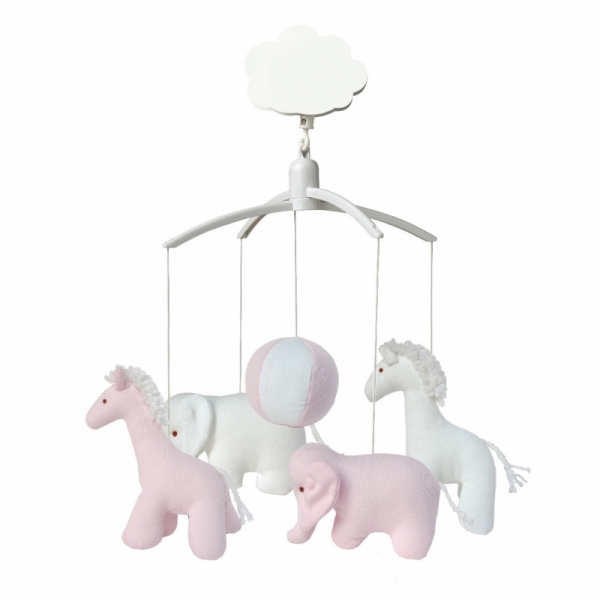 Mobile musical Girafe, éléphant rose et blanc