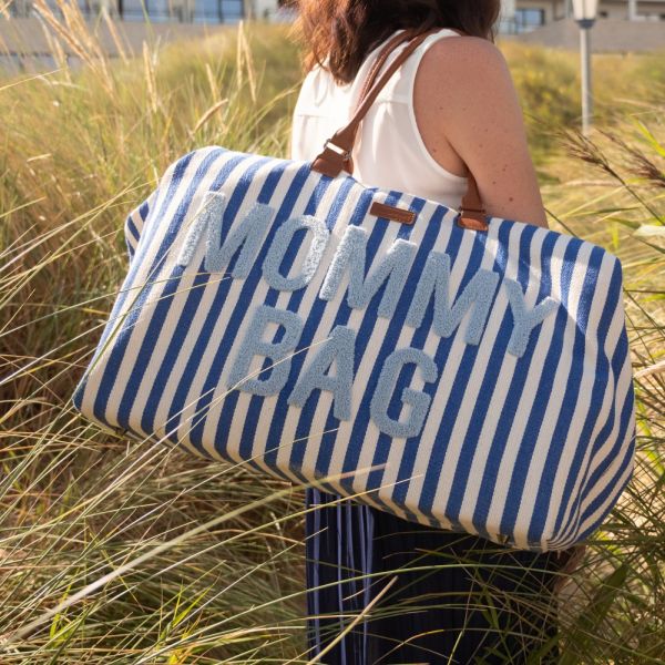 Sac à langer Mommy Bag à rayures bleu éléctrique et bleu clair