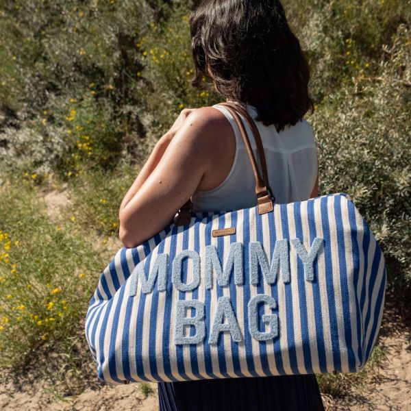 Sac à langer Mommy Bag à rayures bleu éléctrique et bleu clair