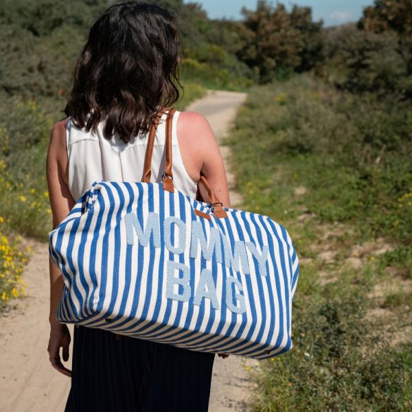 Sac à langer Mommy Bag à rayures bleu éléctrique et bleu clair