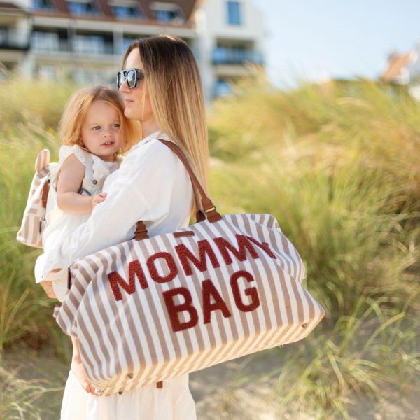 Sac à langer Mommy Bag à rayures Nude et Terracotta