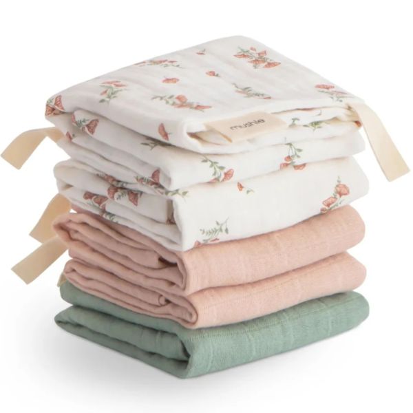 Lot de 5 gants de toilette en mousseline de coton - Pink Flowers