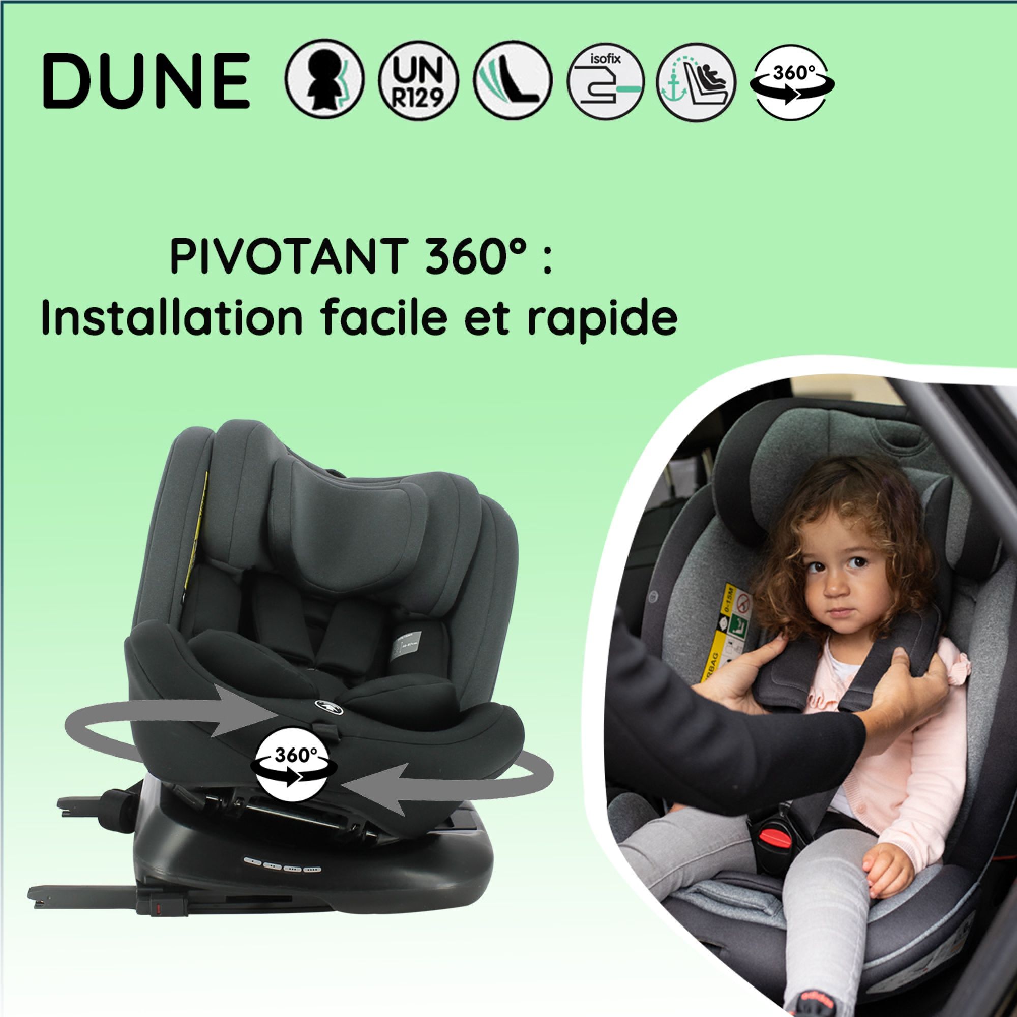 Siège auto DUNE pivotant 360° gris noir 40-150 cm I-Size - Made in