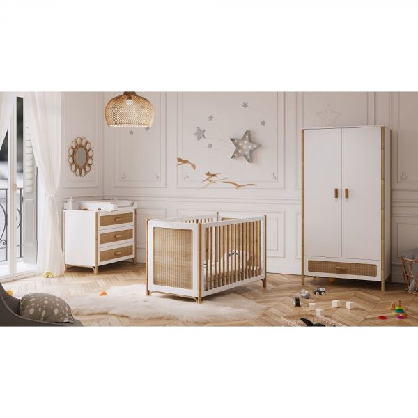 Lit bébé évolutif Océania cannes de rotin 60x120 cm Neige