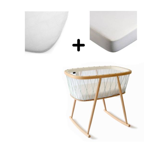 Pack berceau Kumi Lichen et matelas coco naturel + alèse et drap housse blanc