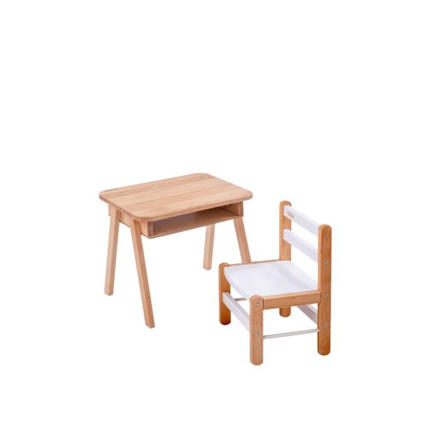 Petit bureau Tom vernis naturel + chaise basse Louise Hybride blanc