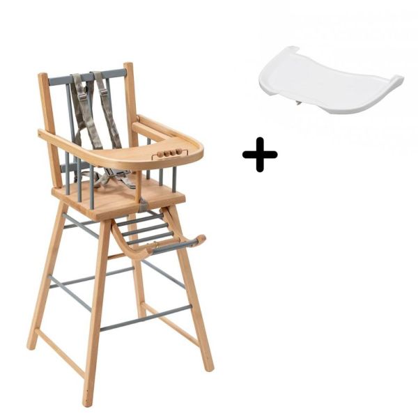 Pack Chaise haute André Hybride bleu gris et sa tablette blanche