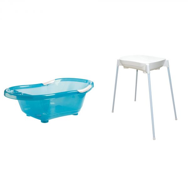 Baignoire bébé turquoise avec vidange + support de baignoire