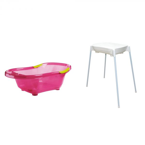 Baignoire bébé rose avec vidange + support de baignoire