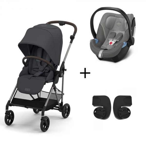 Pack duo poussette Melio 3 - châssis taupe + Aton 5 + adaptateurs - Monument Grey