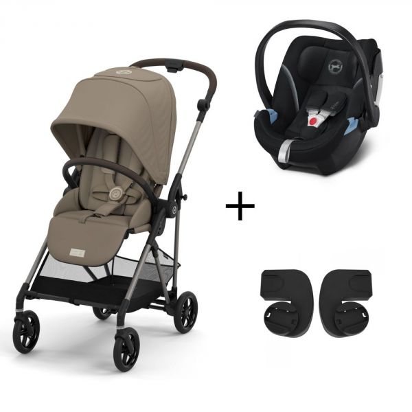Pack duo poussette Melio 3 - châssis taupe + Aton 5 + adaptateurs - Seashell Beige