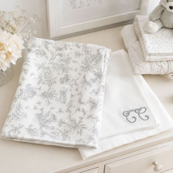 Lot de 2 langes imrpimé Toile de Jouy 70 x 70 cm Gris