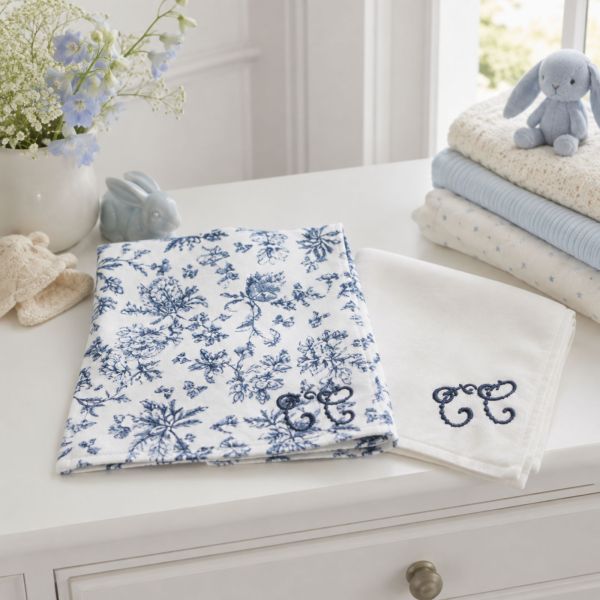 Lot de 2 langes imrpimé Toile de Jouy 70 x 70 cm Bleu