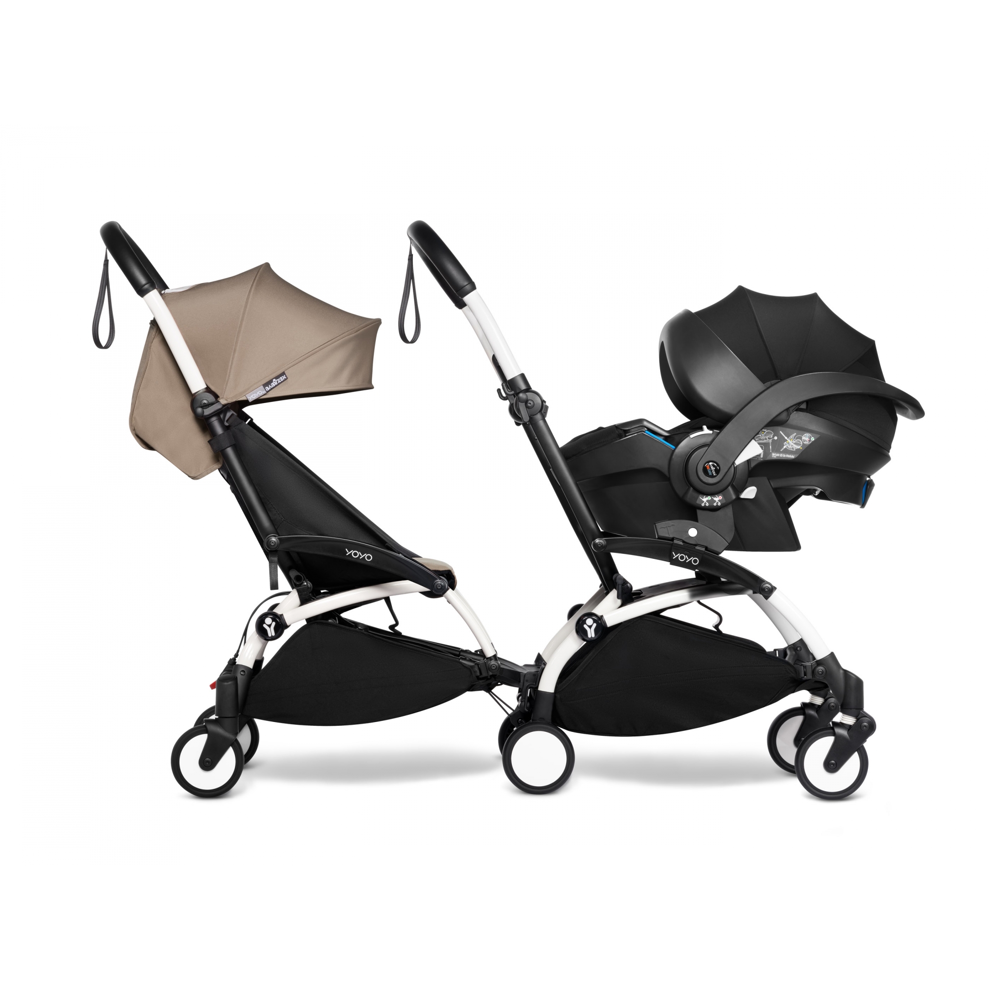 Pack poussette double Trio YOYO² Connect pack 6+ + Yoyo car seat by Besafe  + Nacelle + Ombrelle - Cadre Blanc - Taupe - Made in Bébé