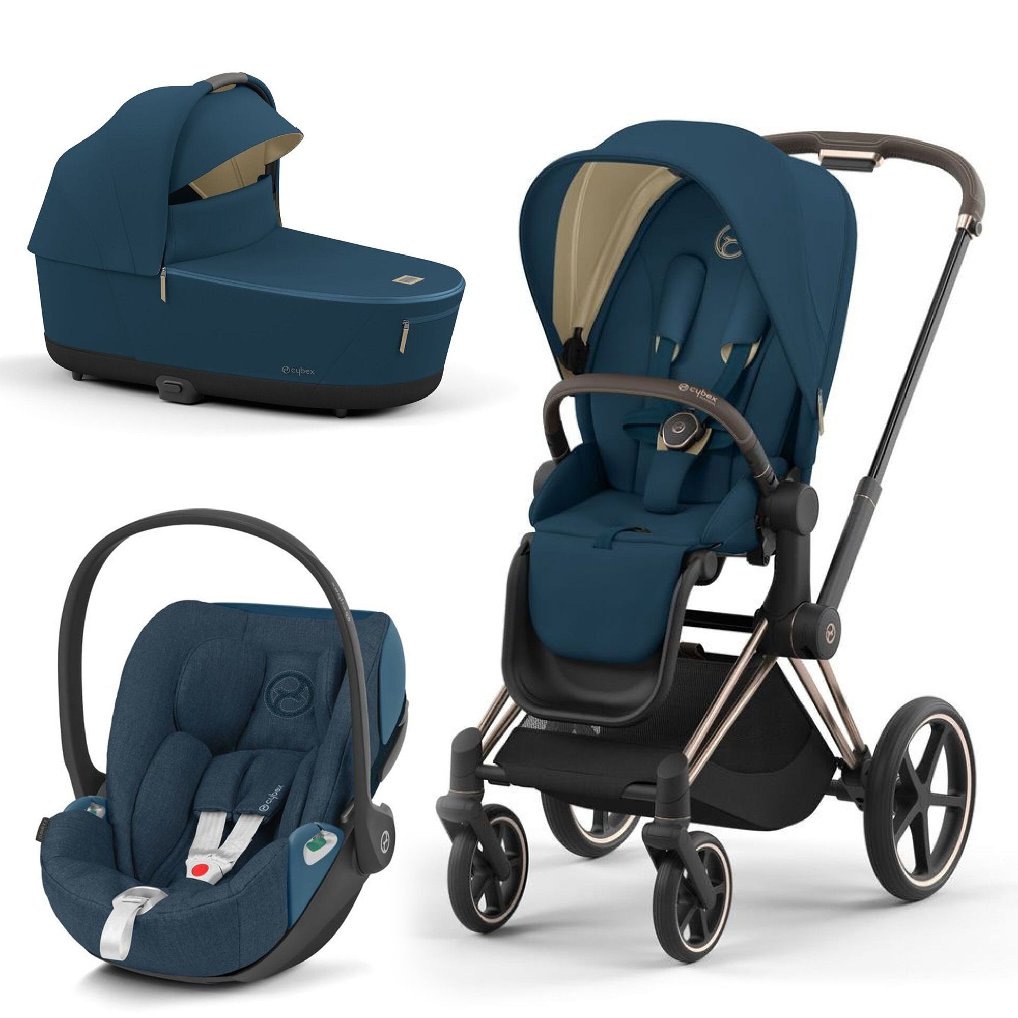 Poussette Trio Priam + siège auto Cloud Z i-Size Plus + nacelle Luxe Priam  - châssis rose gold assise Mountain Blue - Made in Bébé