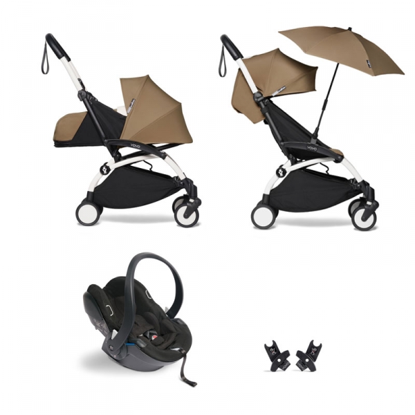 Pack poussette Trio YOYO² complet pack 0+ &  6+ + siège auto YOYO car seat by Besafe + Ombrelle - Châssis Blanc - Toffee